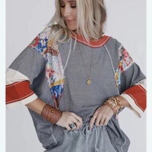 NWT Easel Oversized Boho Britt Patchwork Top Size Large